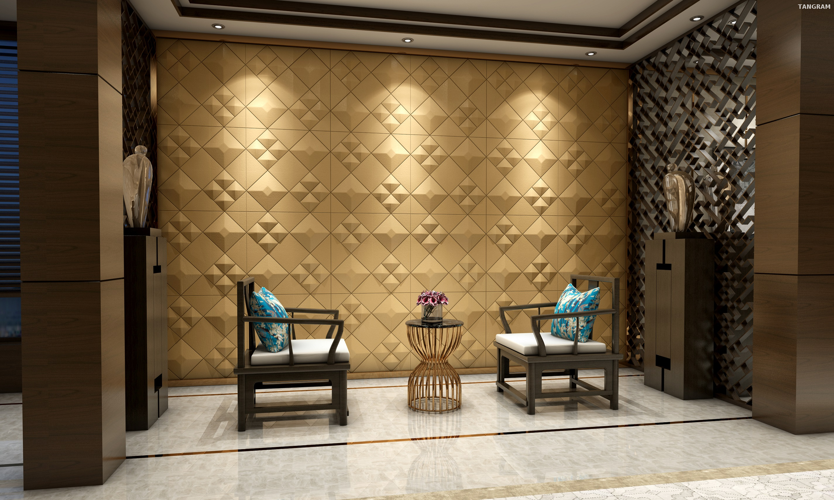 Square Tile Golden 3D Wall Panel