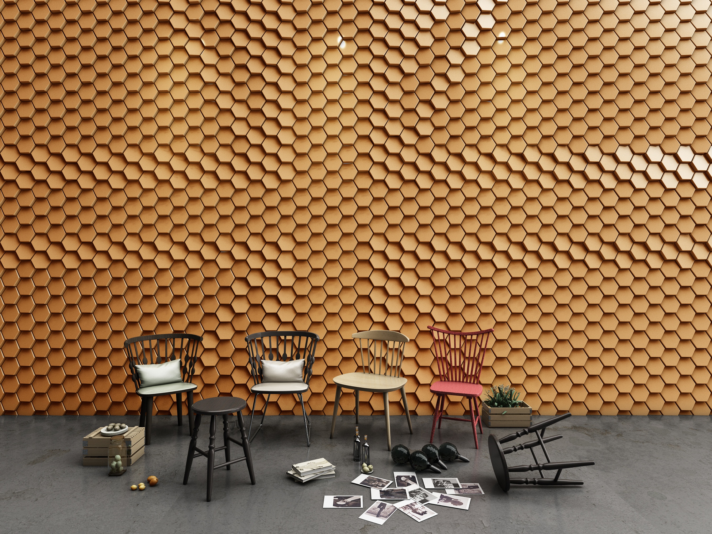 Pu Leather Golden Indoor 3D Mosaic Tile